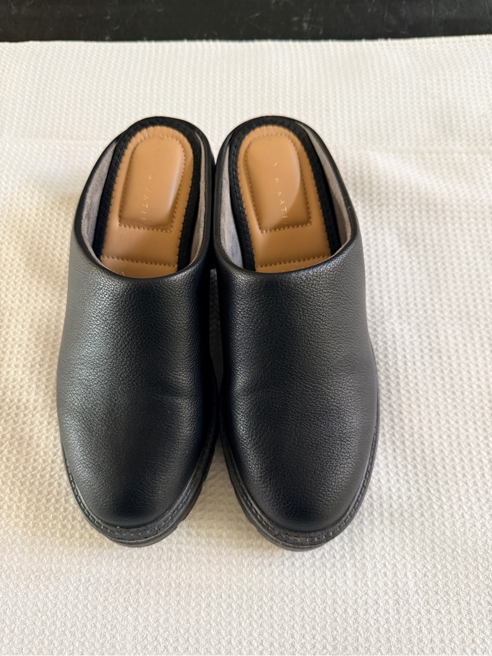 Kelly & Katie Black Leather Slip-On Mules with Tan Insole